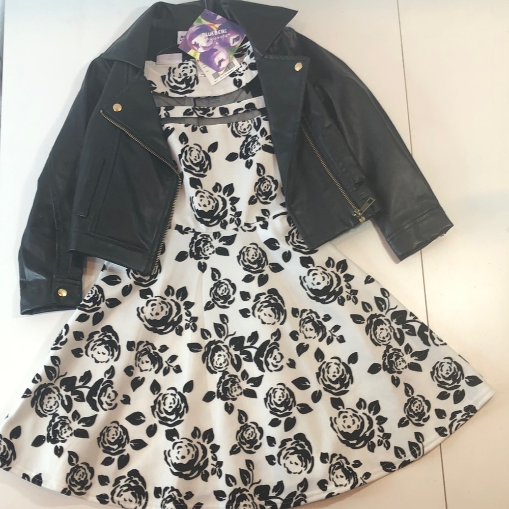 Blueberi Boulevard Black & White Floral Dress Faux Leather Moto Jacket Girls 7